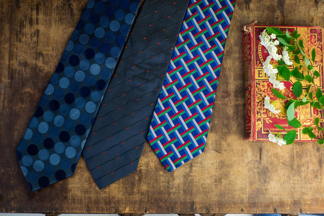 Vintage Designer Silk Neckties, Geometric Blue Red Tie Collection, Wedding Necktie