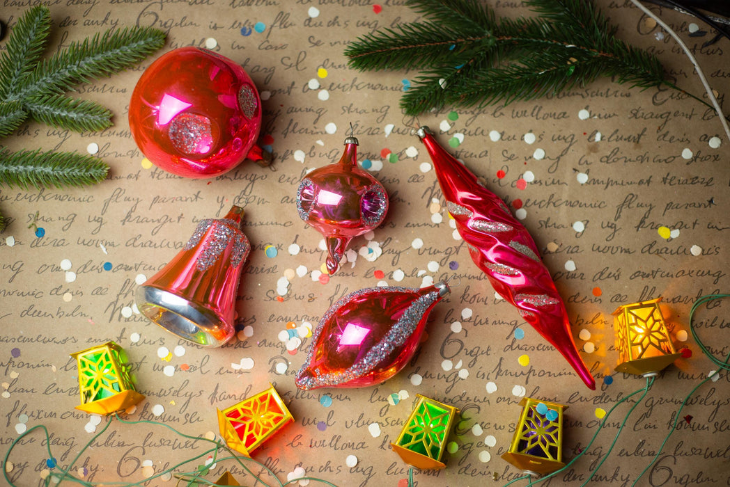 Vintage Pink Glass Christmas Ornaments Set of 5, Mixed Shapes 1950s Baubles