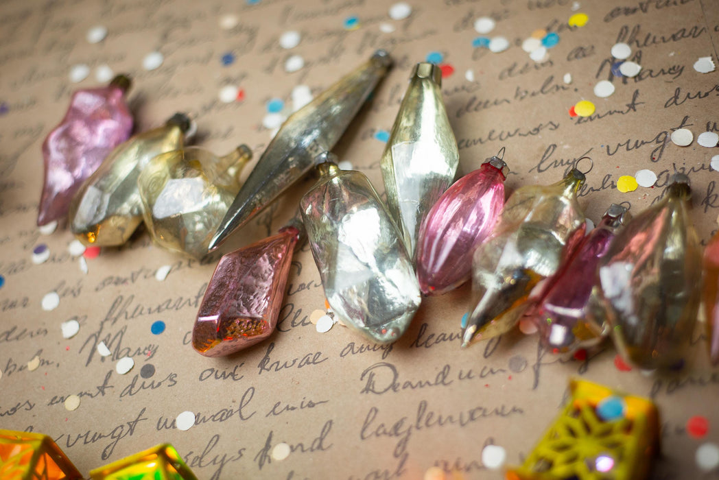 Vintage Pink Silver Glass Christmas Ornaments Set of 12, 1950s Mixed Baubles