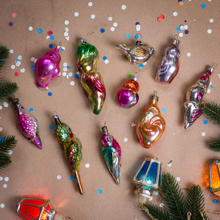 Vintage Glass Bird Ornaments, Retro Parrot & Chicken Xmas
