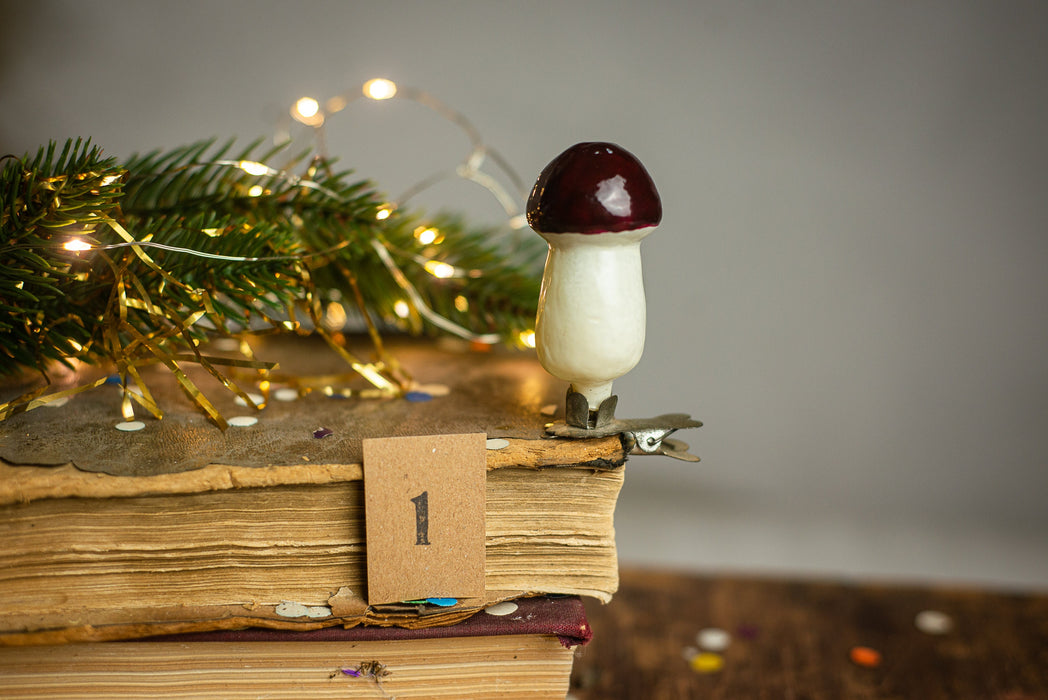 Vintage Glass Mushroom Clip On Ornament, 1950s Woodland