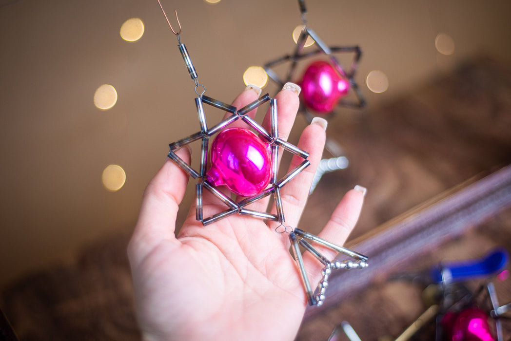 Vintage Mercury Glass Ornaments, Beaded Space Star, 1950s