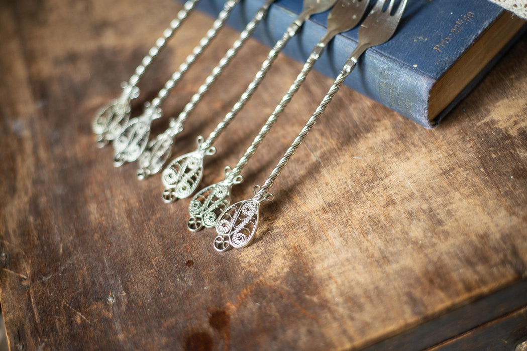 Vintage 1950s German Dessert Fork Set, Silver Tone Filigree Snack Cutlery