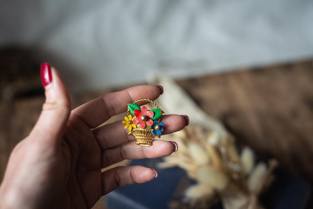 Vintage Enamel Brooch, Floral Basket, Red Flowers & Butterfly Pin, Retro Jewelry