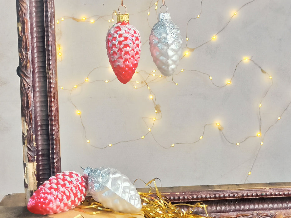 Glass Pine Cone Ornament with Snow, Hand-Painted Bohemian