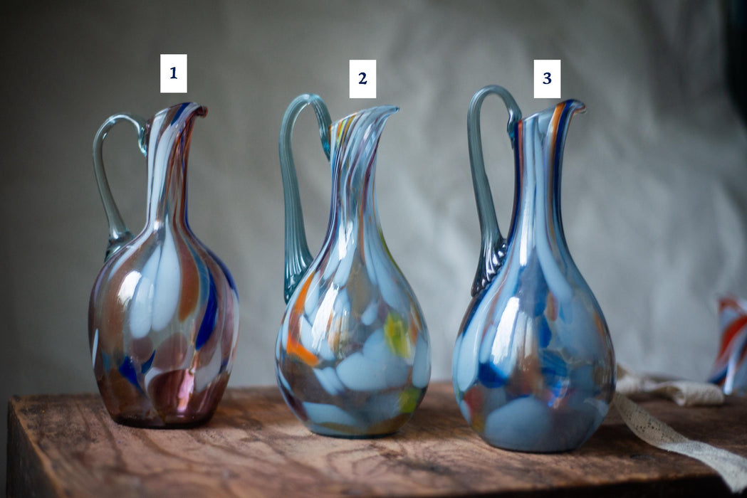 Murano Style Vintage Pitcher, Mid Century Art Glass Jug, Hand Blown Water or Wine Decanter
