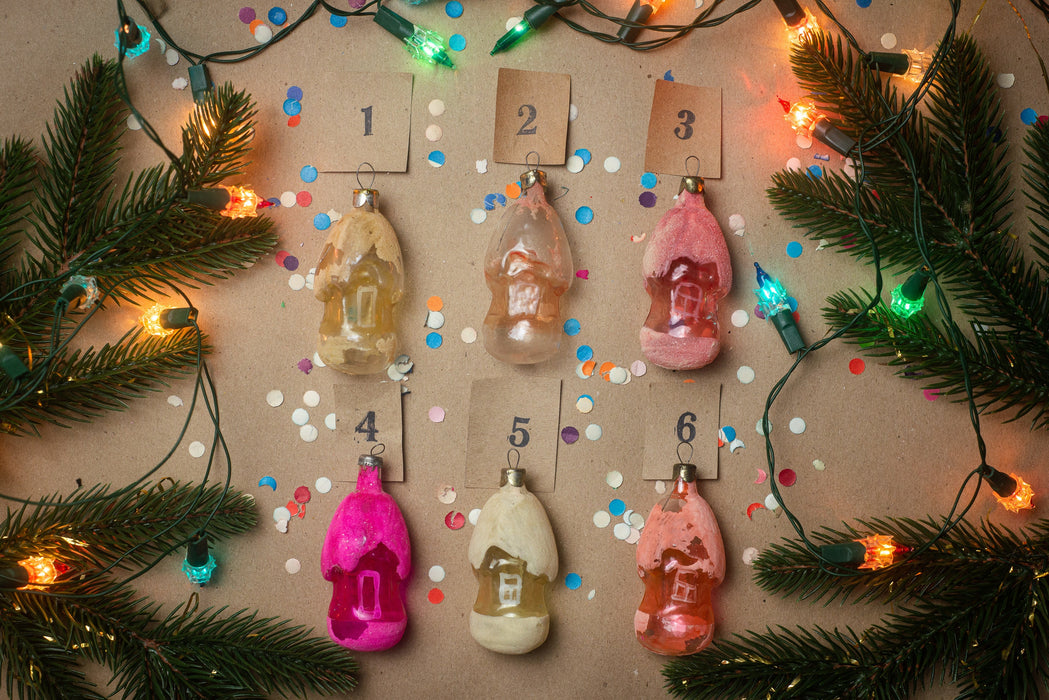 Vintage Glass House Christmas Ornaments, Frosted Retro