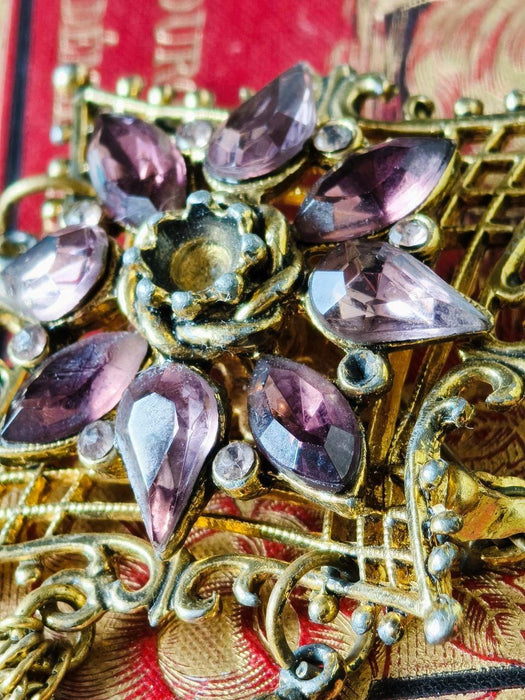 Vintage Purple Crystal Brooch, Ornate Brass Statement Pin Art Deco Style