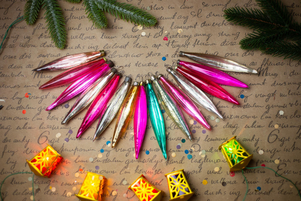 Long Vintage Glass Icicle Ornaments, Pink & Silver – 1950s