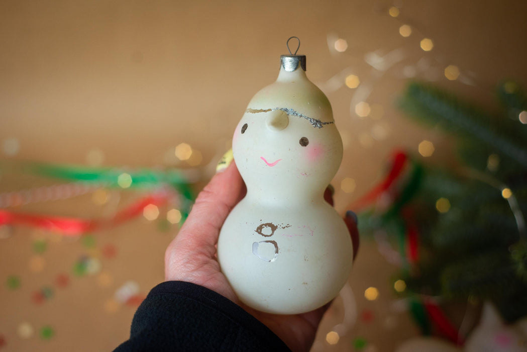 Vintage Glass Snowman Ornament, 1970s Rustic Christmas