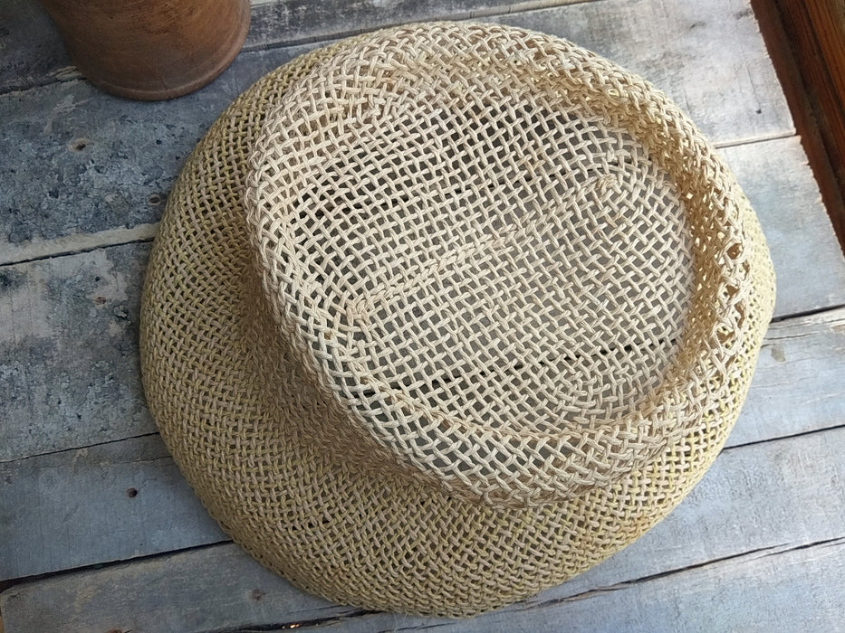 Vintage 1990s Straw Sun Hat, Translucent Light Yellow Wide Brim Boho Style