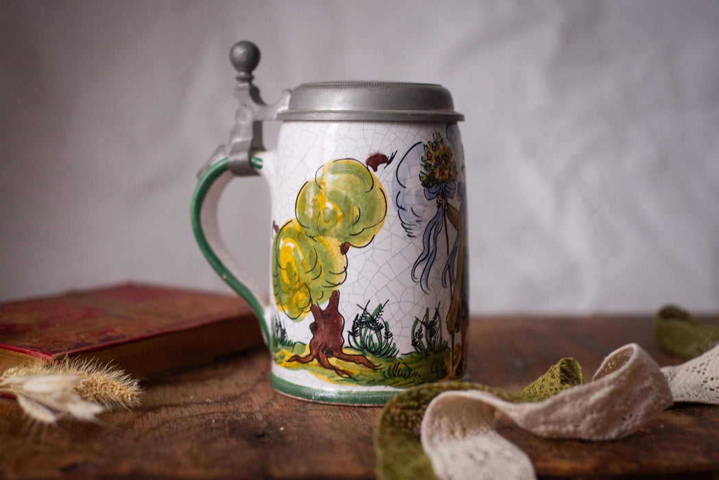 Vintage German Beer Stein Hunter Scene Ceramic Mug with Pewter Lid Bavarian Tankard