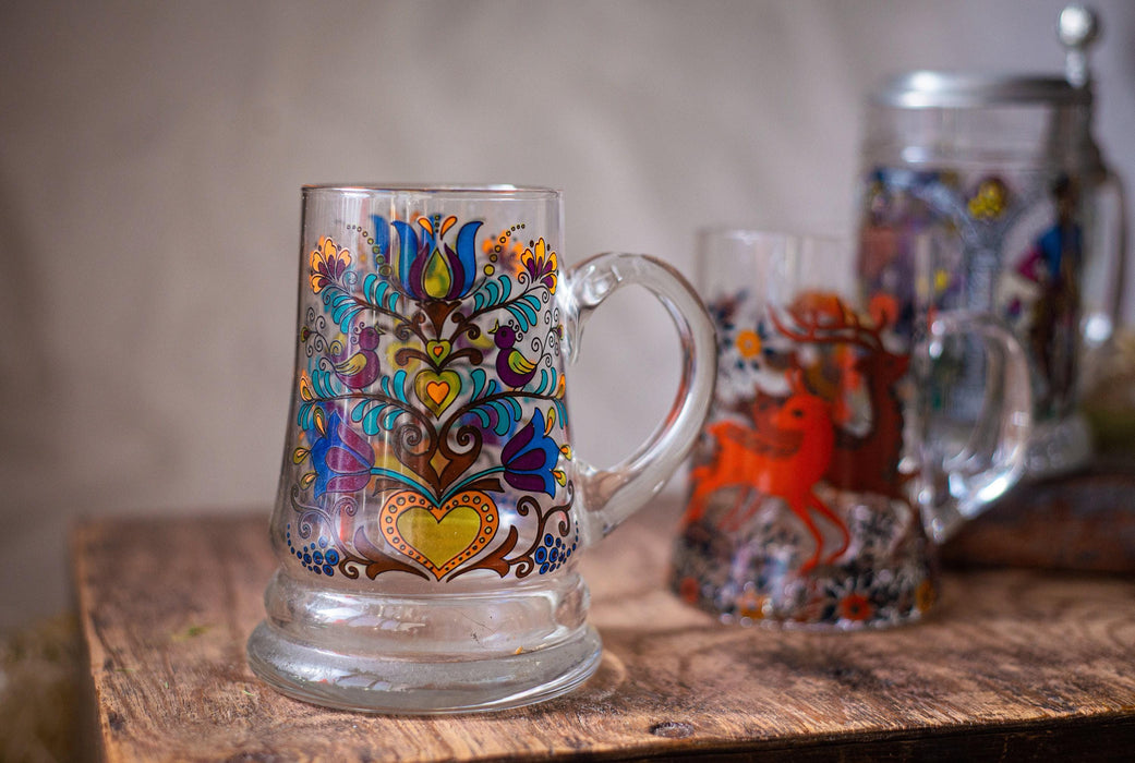 Vintage German Glass Beer Mugs Set Medieval Floral Tankards Barware