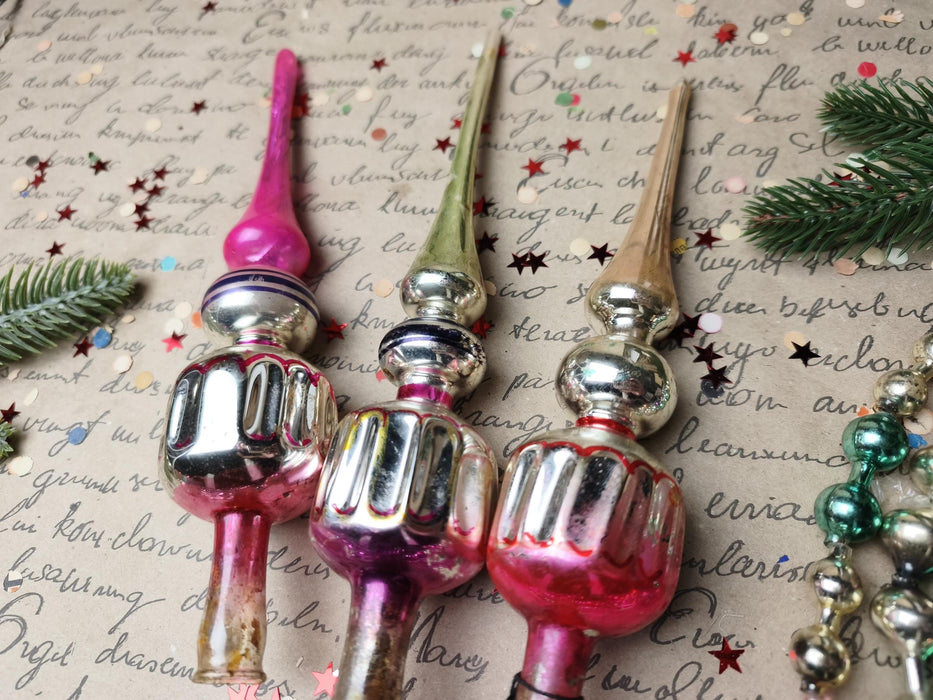 Vintage Silver & Pink Glass Finial Tree Toppers – 1960s