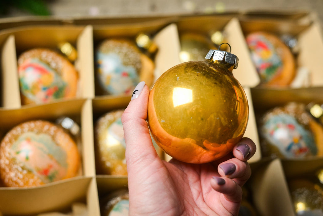 Vintage Glass Ornaments – Set of 12 Gold Christmas Baubles with Snowy Winter Scenes