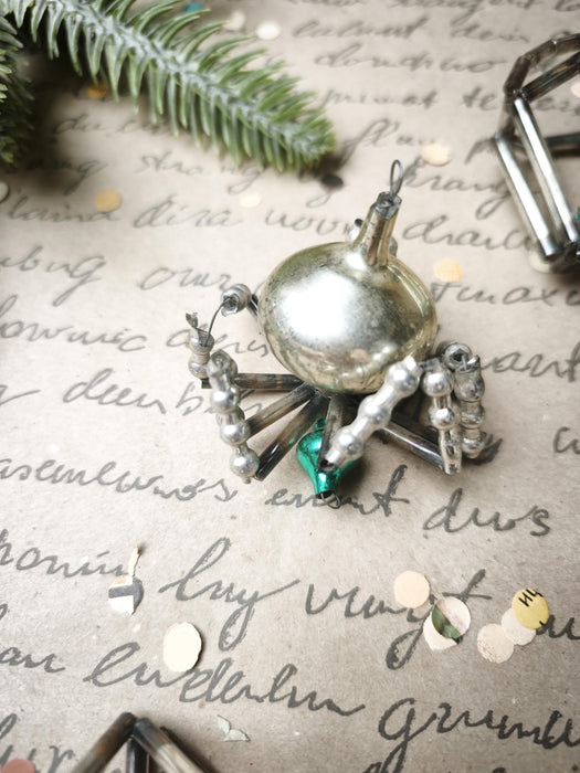 Vintage Glass Christmas Ornaments, Silver Green Montage Set, 7 Pc
