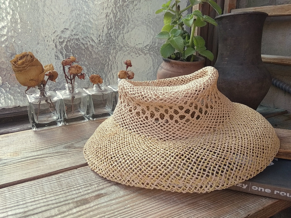 Vintage 1990s Straw Sun Hat, Translucent Light Yellow Wide Brim Boho Style
