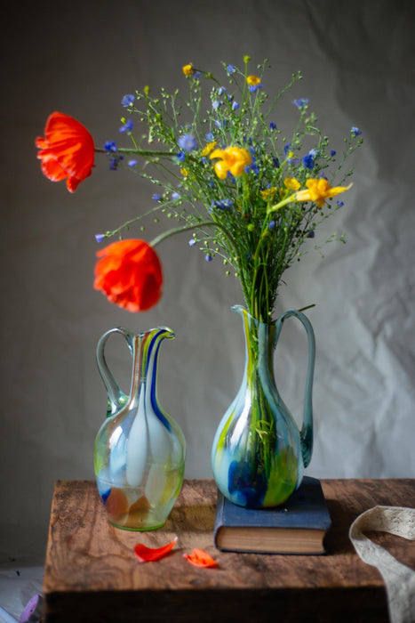 Green Murano Style Glass Pitcher – Vintage Art Jug, MCM Breakfast Table Serving Carafe, Water or Wine Jug