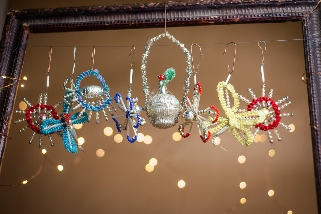 Antique German Chenille Christmas Ornaments, 1930s Mercury Glass Set of 7