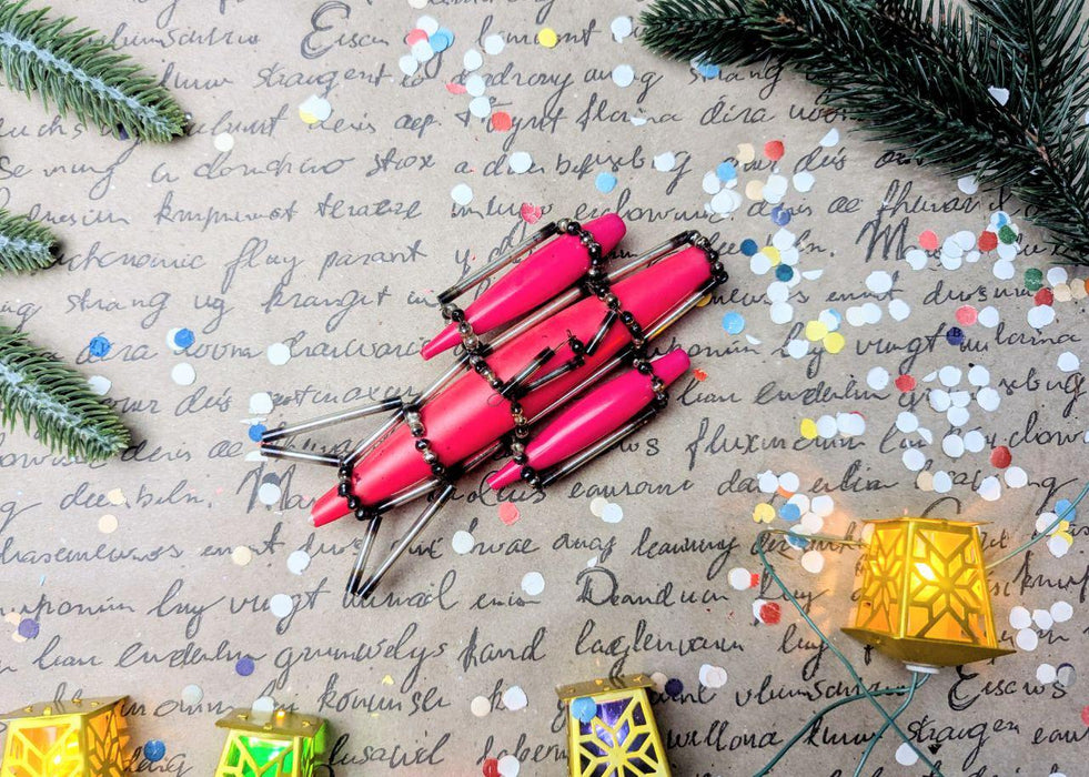 Vintage Rocket Ornament, Hot Pink 1950s Glass Beaded Montage