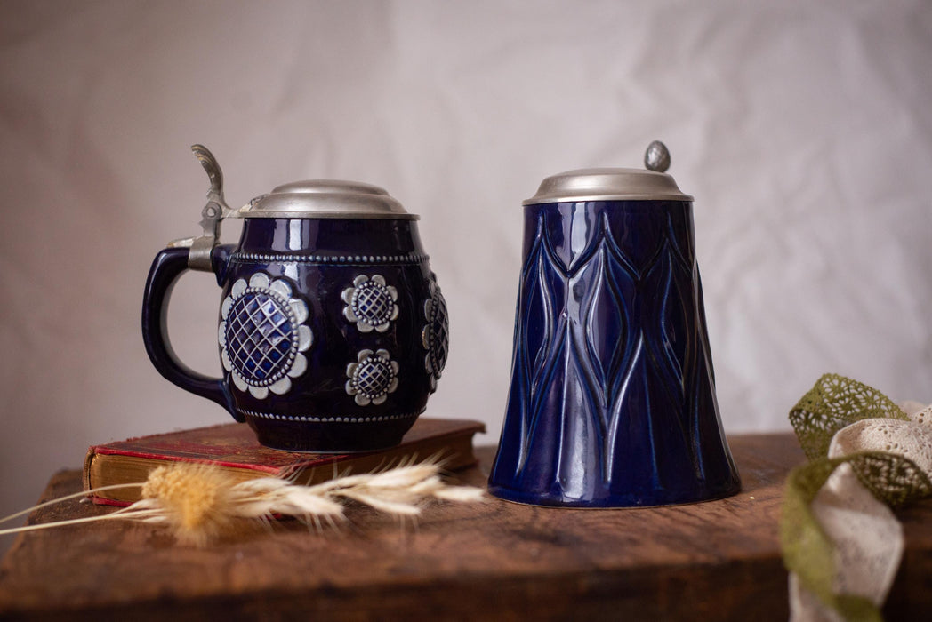 Vintage Cobalt Blue Beer Stein Bavarian Ceramic Mug with Lid