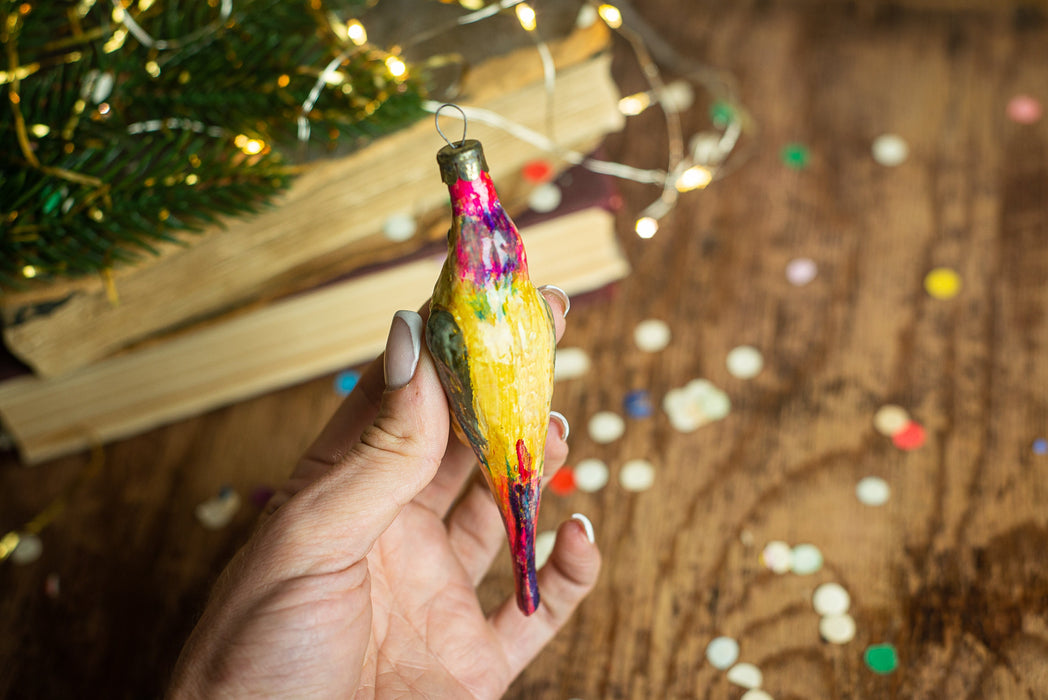 Vintage Parrot Glass Ornament, Hand Painted Bird