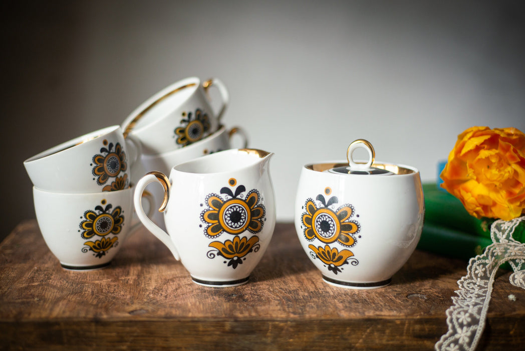 Vintage Ceramic Tea Set with Gold Trim, Boho Floral Cups Sugar Bowl and Jug