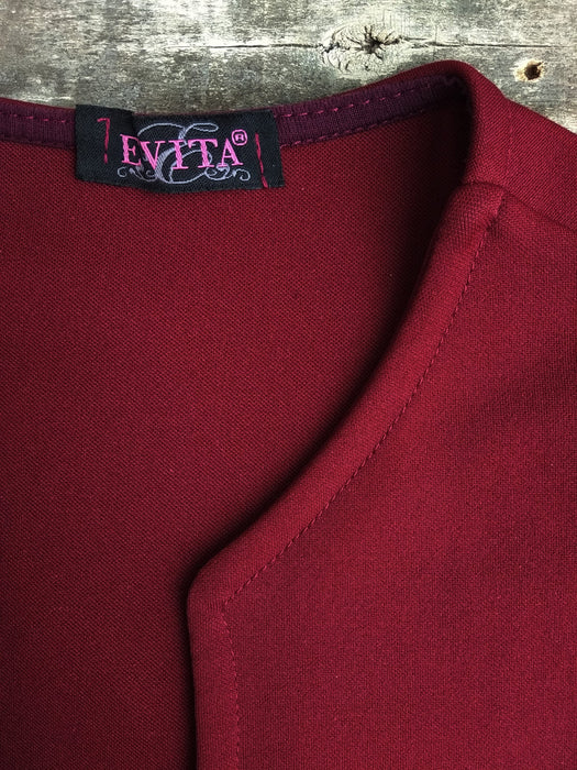 Vintage Peplum Dress - Burgundy Midi Knee Length Sheath With Deep V-Neck