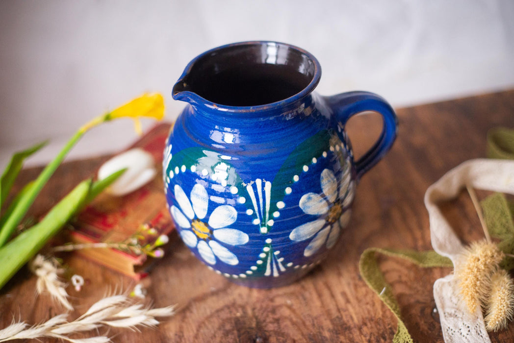 Blue Ceramic Pitcher with Daisies – Rustic German Farmhouse Jug