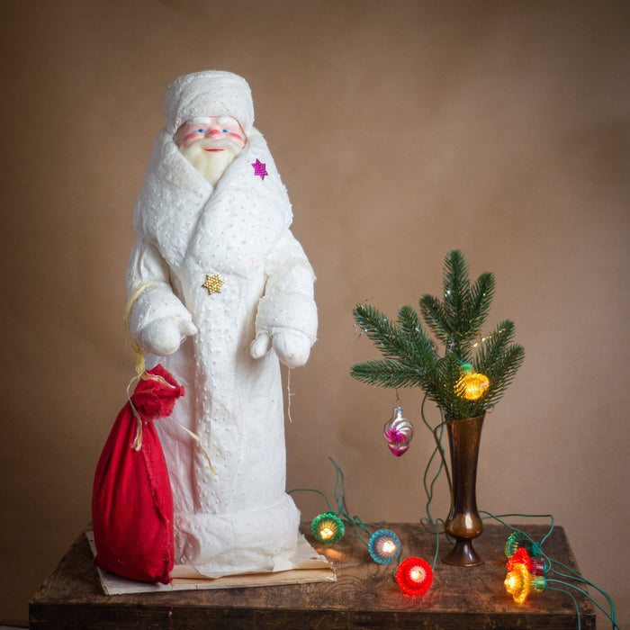 21" Spun cotton vintage Santa Claus figurine in a white coat