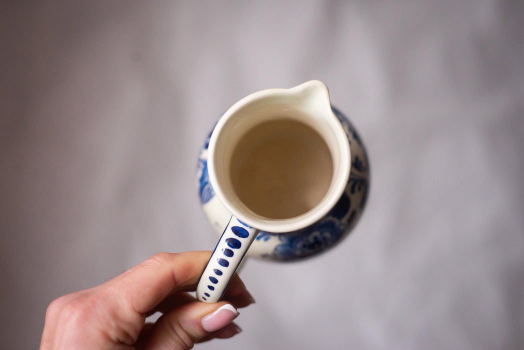 Hand-painted Delft Blue pitcher, flowers and birds, Holland Vintage Ceramic