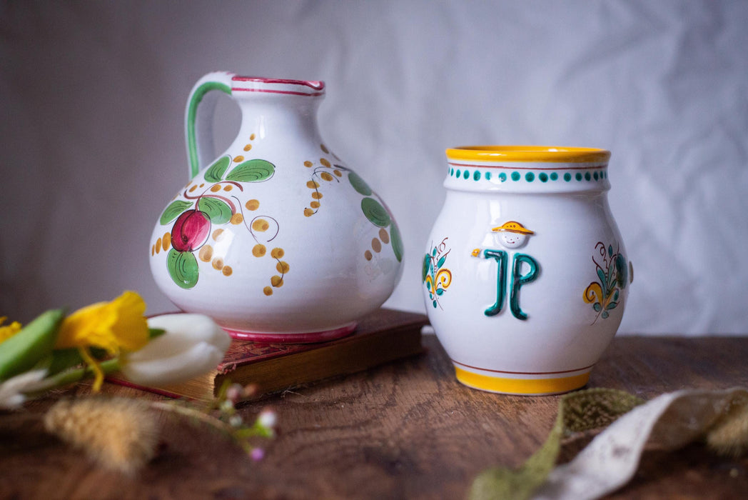 Vintage Italian Majolica Pitcher 1970s Hand Painted Ceramic Jug