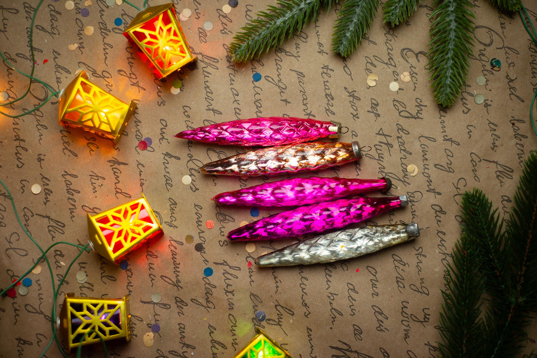 Pink Glass Icicle Christmas Ornaments, Vintage Set of 5