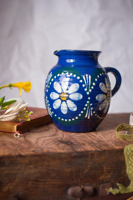 Blue Ceramic Pitcher with Daisies – Rustic German Farmhouse Jug