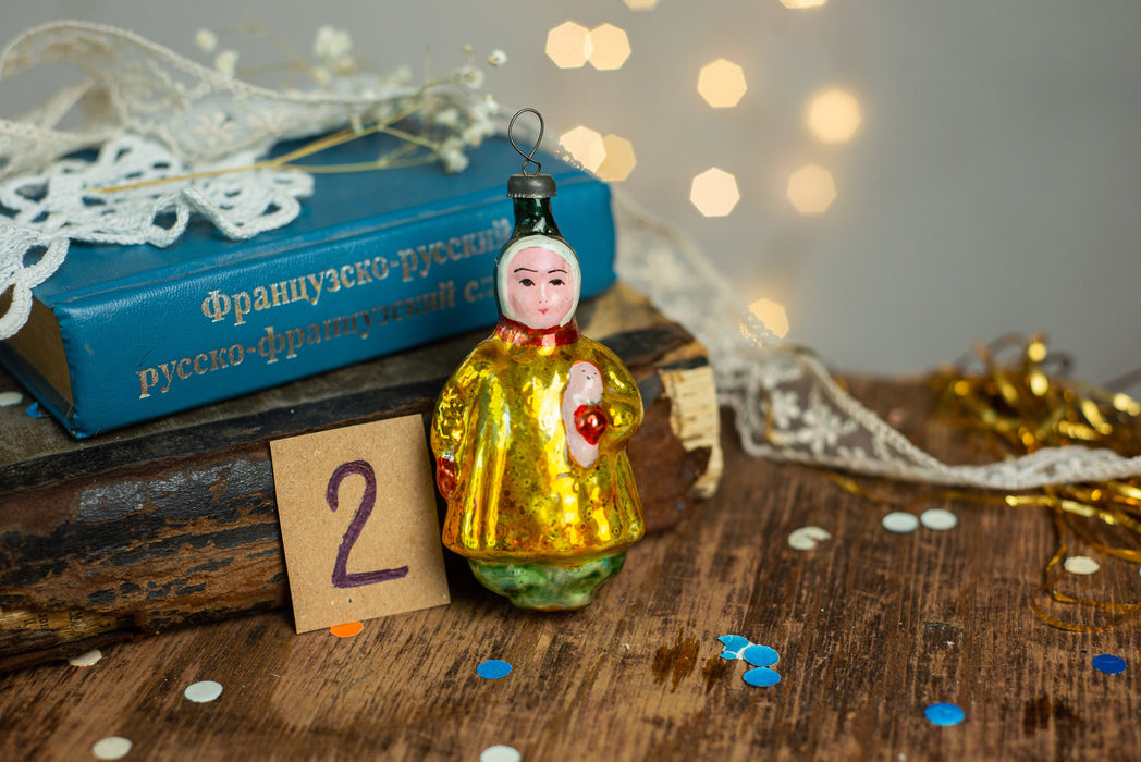Vintage Girl Glass Ornament, 1960s Soviet Christmas