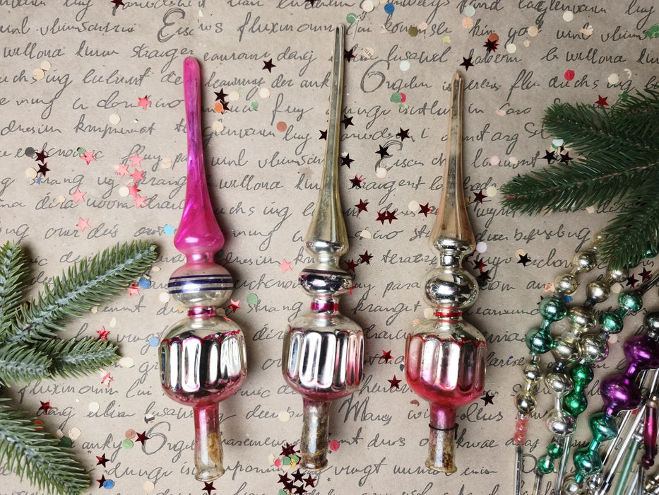Vintage Silver & Pink Glass Finial Tree Toppers – 1960s