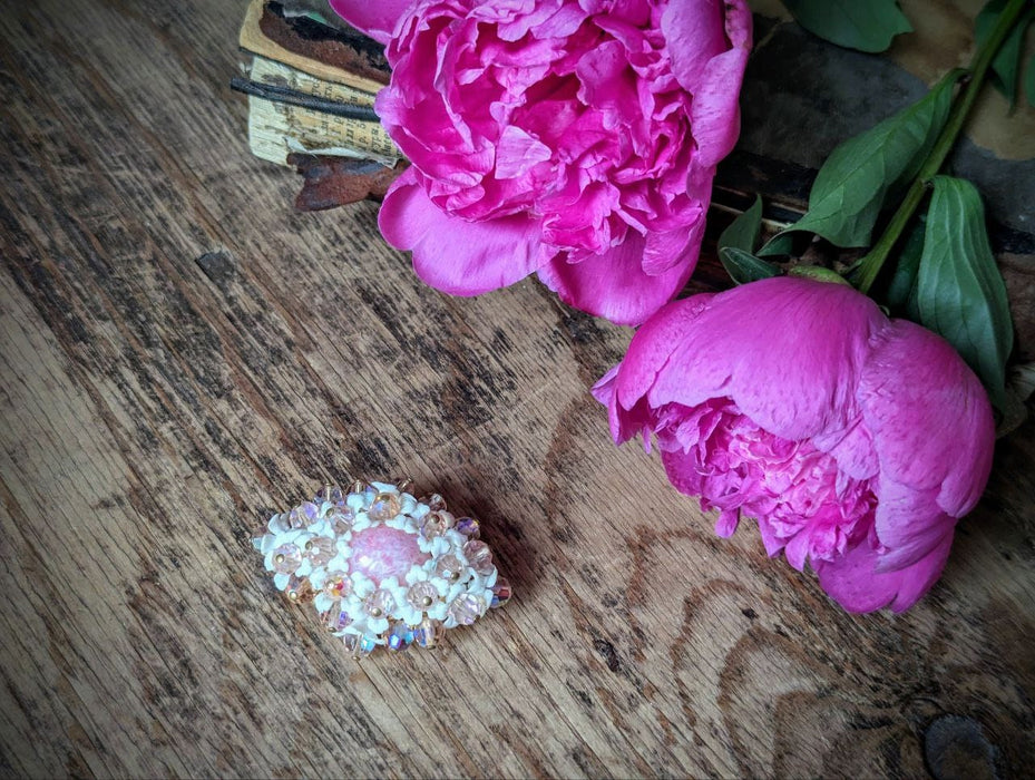 Pink flower brooch, vintage crystal lapel pin, 1970s white floral jewelry, retro old beaded brooch, Victorian shawl pin