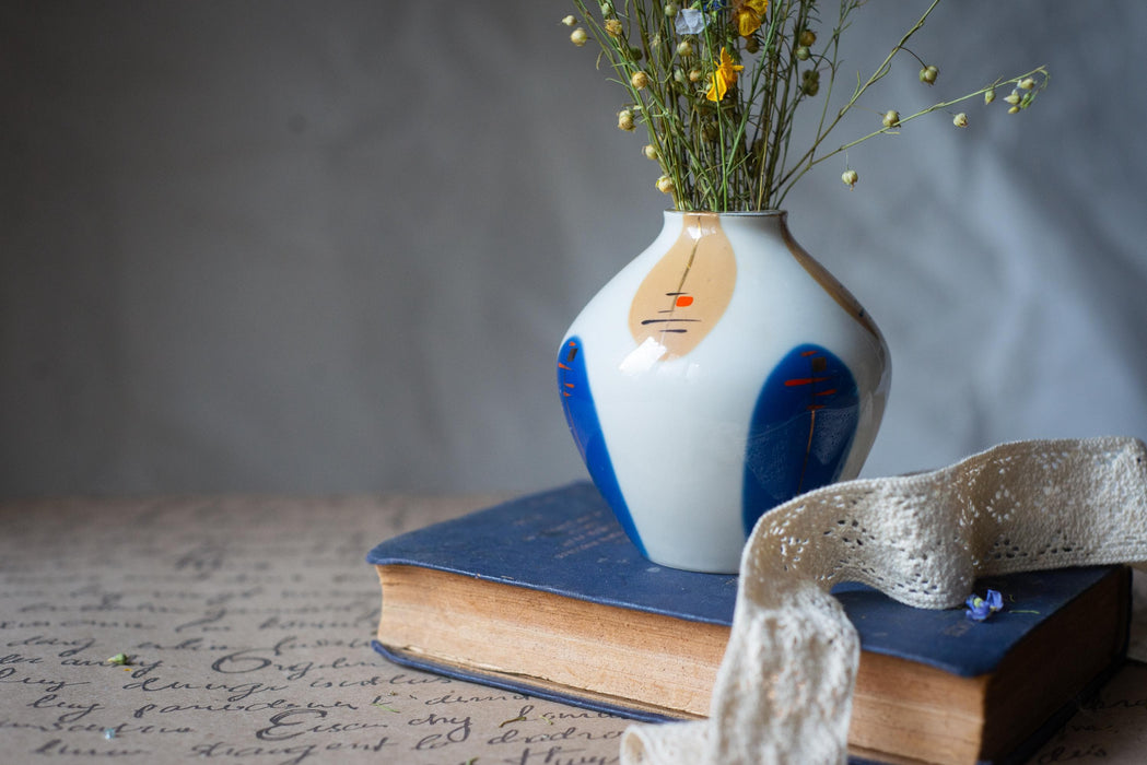 Mid Century Ceramic Vase – Bauhaus Style Abstract Painted Pottery, Modernist Art Home Decor