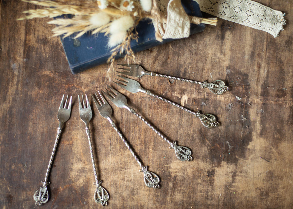 Vintage 1950s German Dessert Fork Set, Silver Tone Filigree Snack Cutlery