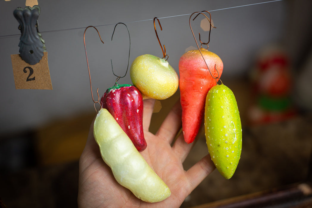 Vintage Vegetable Christmas Ornaments, 1970s Shatterproof