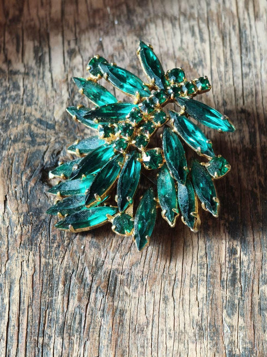 Vintage Green Rhinestone Brooch 1970s, Emerald Crystal Statement Pin