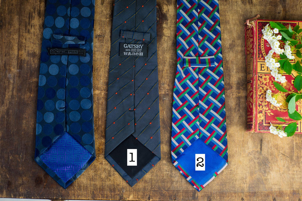 Vintage Designer Silk Neckties, Geometric Blue Red Tie Collection, Wedding Necktie