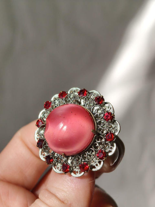 Vintage Pink Glass Brooch 1970s, Filigree Rhinestone Statement Pin