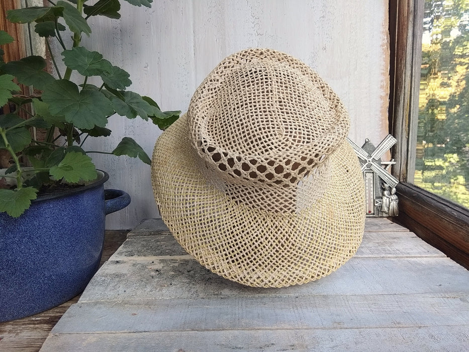 Vintage 1990s Straw Sun Hat, Translucent Light Yellow Wide Brim Boho Style