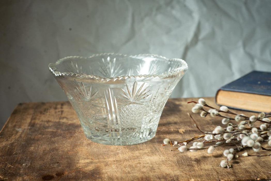Vintage Cut Crystal Bowl, 1970s Clear Glass Fruit Dish