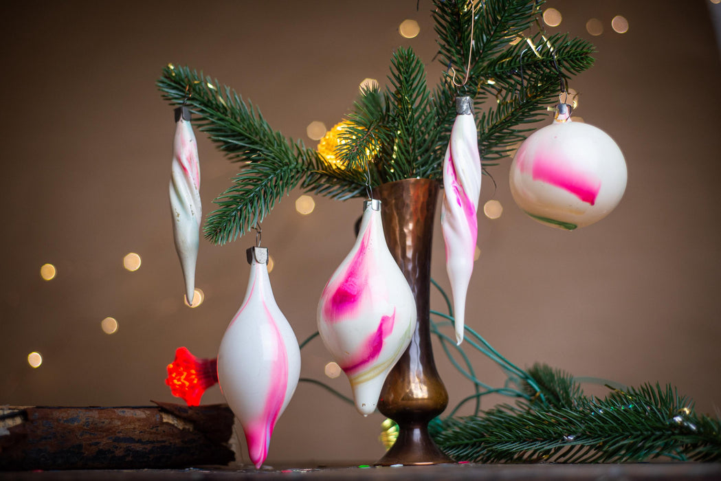 Vintage Pink and White Glass Christmas Ornaments, Set of 5 Bohemian Icicle Baubles