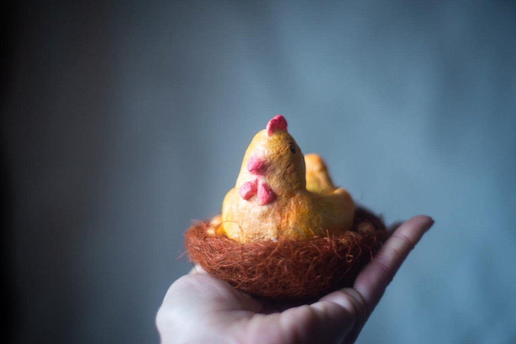 Broody Chicken Figurine – Rustic Easter Decor Paper Mache Doll With Eggs