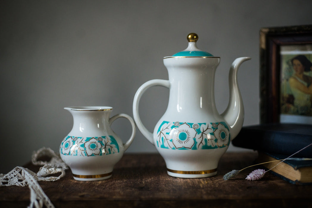 Vintage Porcelain Teapot and Creamer Set, Turquoise Floral USSR Tableware