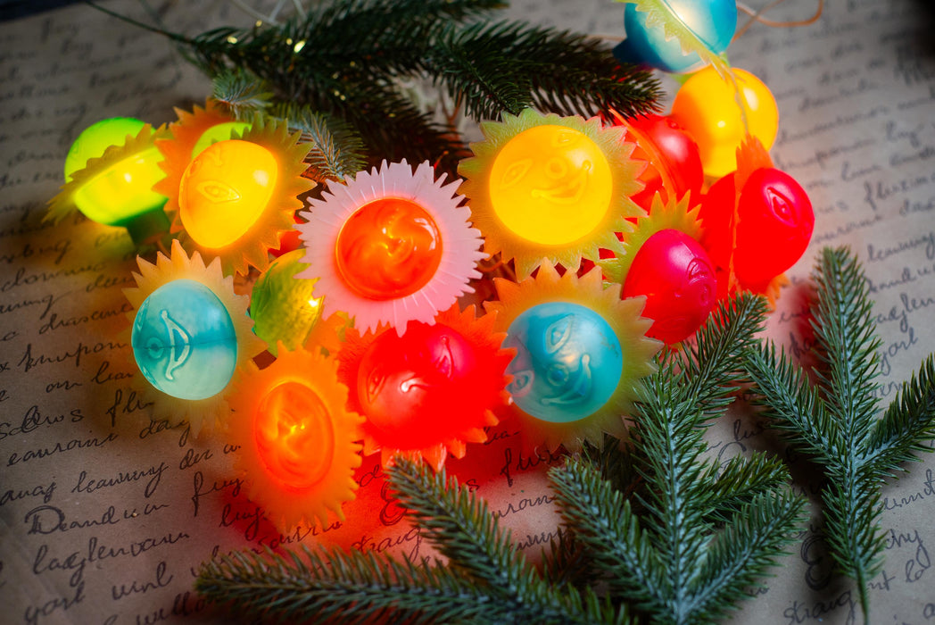 Vintage Smiling Sun Christmas Lights, Retro Christmas Tree Garland, Working Christmas String Lights