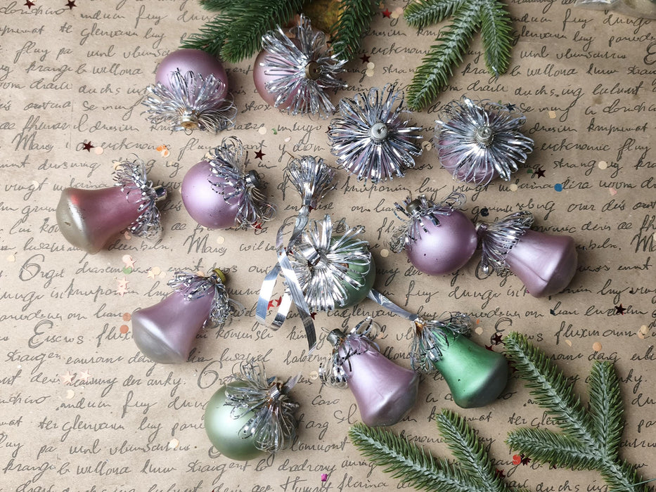 Vintage Frosted Glass Ornament Set – Purple & Green GDR